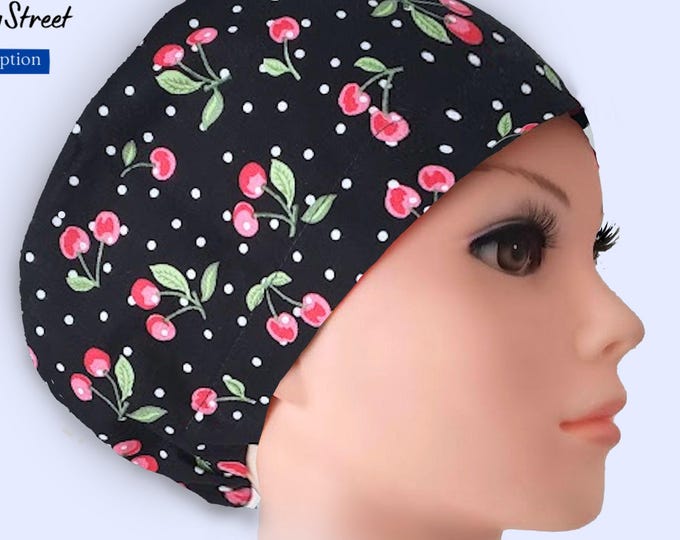 Euro Style Scrub Cap - Adjustable - Satin Lining option - Cherry on black