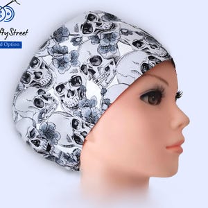Euro Scrub Caps - Adjustable - Satin Lining option - Skull light gray -