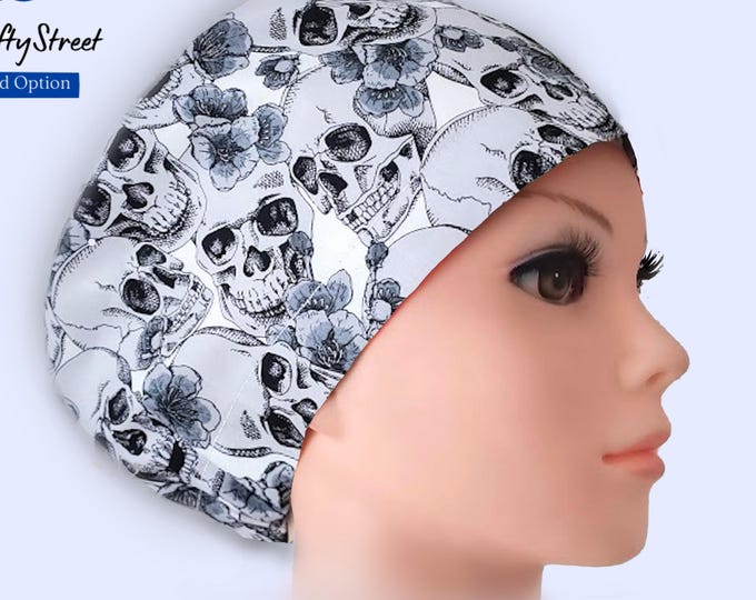 Euro Scrub Caps - Adjustable - Satin Lining option - Skull light gray -