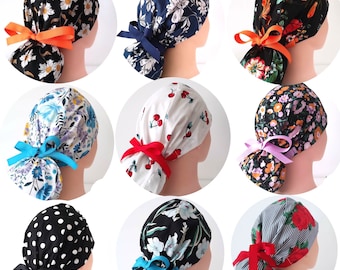 Details about / Ponytail Surgical ScrubCap~Ladies Reversible Handmade-Black~Grey~Halloween~Skull