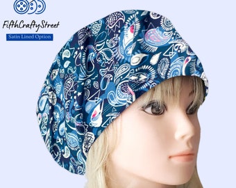 Stretchy Scrub Caps - Surgical Euro Scrub Cap - Blue Paisley