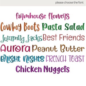 Puede incluir: Una selecci&oacute;n de opciones de texto coloridas en varias fuentes. Las frases incluyen "Farmhouse Flowers", "Cowboy Boots", "Pasta Salad", "Jumping Jacks", "Best Friends", "Aurora", "Peanut Butter", "Bright Nights", "French Toast" y "Chicken Nuggets".