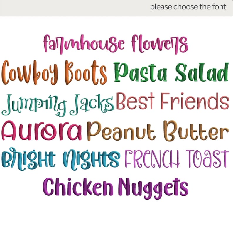 Puede incluir: Una selecci&oacute;n de opciones de texto coloridas en varias fuentes. Las frases incluyen "Farmhouse Flowers", "Cowboy Boots", "Pasta Salad", "Jumping Jacks", "Best Friends", "Aurora", "Peanut Butter", "Bright Nights", "French Toast" y "Chicken Nuggets".