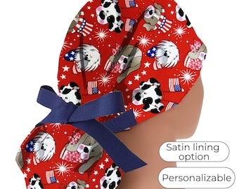 Patriotic Dog- 4th July - Women’s Scrub Caps  - Satin Lining option - American flag -