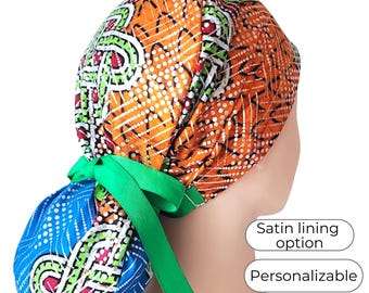 Satin Lined Ponytail Scrub Cap: African print Waxed Cotton with Glitter