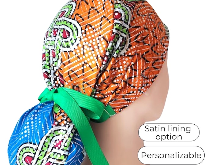 African print Waxed Cotton with Glitter  - Surgical Cap with Ponytail holder - FifthCraftyStreet