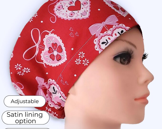 Euro Style Scrub Cap, Valentine Red Heart Pattern: Adjustable, Personalization, Satin Lining, Buttons Option