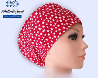 Patriotic - Euro Scrub Cap - Surgical Cap - Silky Satin Lining Option -White Stars on Red - FifthCraftyStreet