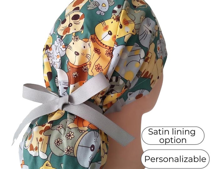 Cat Ponytail Scrub Cap for Women - Surgical Cap with Silky Satin Lining Option - FifthCraftyStreet