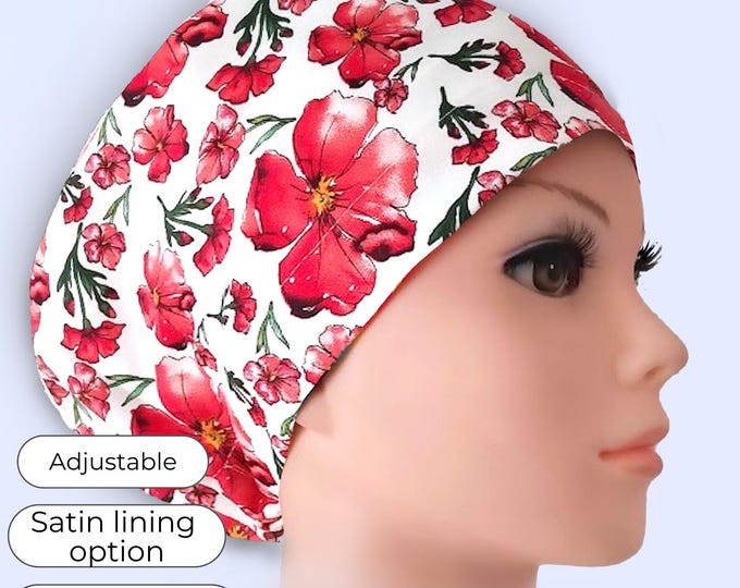 Red Floral Euro Scrub Cap Satin Lined Surgical Hat for Women