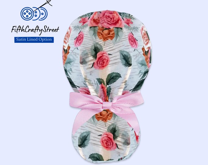 Satin Lined Scrub Cap Ponytail style - Rose Surgical Cap for Women - FifthCraftyStreet