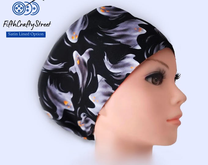 Euro Scrub Caps - Adjustable - Satin Lining option - Ghost on black - FifthCraftyStreet
