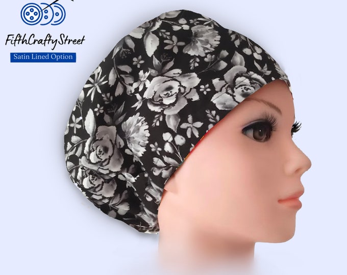 Euro Scrub Caps - Adjustable - Satin Lining option - Roses Black & White Novelty - FifthCraftyStreet