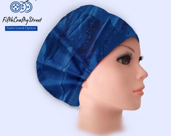 Euro Scrub Cap for Women -Blue Waves - Adjustable - Satin Lined Scrub Cap