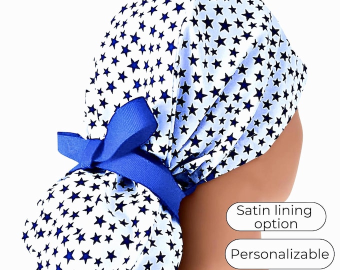 Patriotic Ponytail Scrub Cap: Navy Stars - 4th of July - Satin Lined