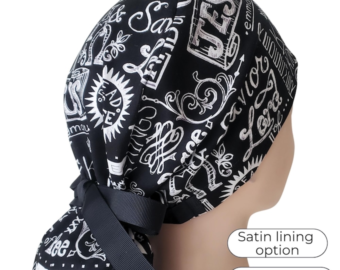 Christian Ponytail Scrub Cap – Black Faith Print, Satin Lining Option, personalizable