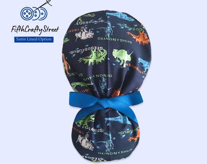 Dinosaur Scrub Cap for Long Hair - Surgical Cap with Silky Satin Lining Option - FifthCraftyStreet