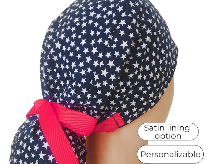 Ponytail Scrub Cap Satin Lining Option: Patriotic Stars Cotton Surgical Cap