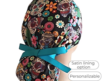 Day of the Dead Scrub Cap - Sugar Skull black -