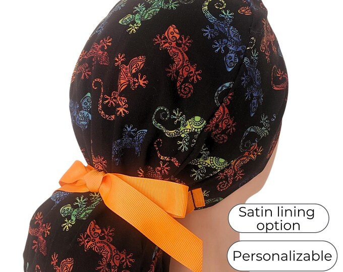 Gecko Print Ponytail Scrub Cap Satin Lined Scrub Hat for Women Personalizable
