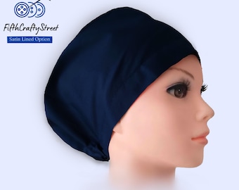 Solid Navy Euro Scrub Cap: Satin Lined Option , Adjustable Cotton