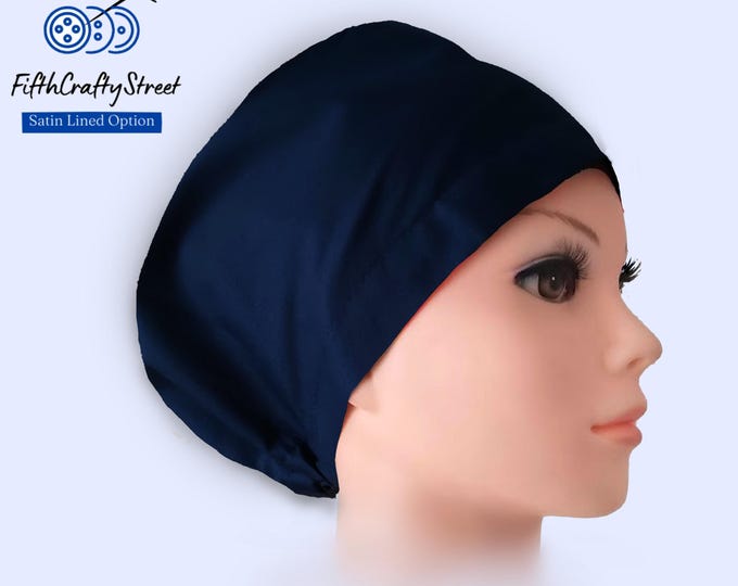 Solid Navy Euro Scrub Cap: Satin Lined, Adjustable Cotton
