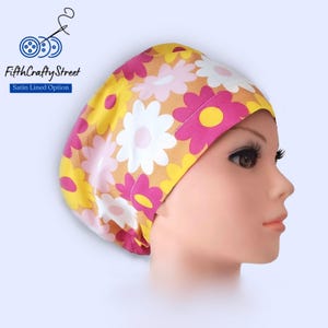 Euro Scrub Cap - Floral print Lightweight  Cotton - Adjustable - Satin Lined Scrub Cap -