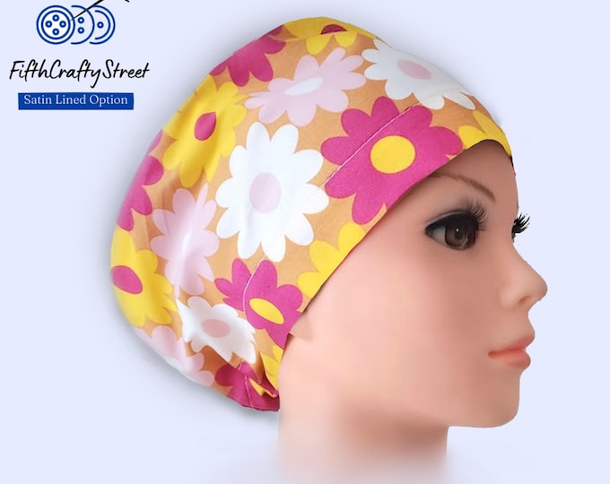 Euro Scrub Cap - Floral print Lightweight  Cotton - Adjustable - Satin Lined Scrub Cap -