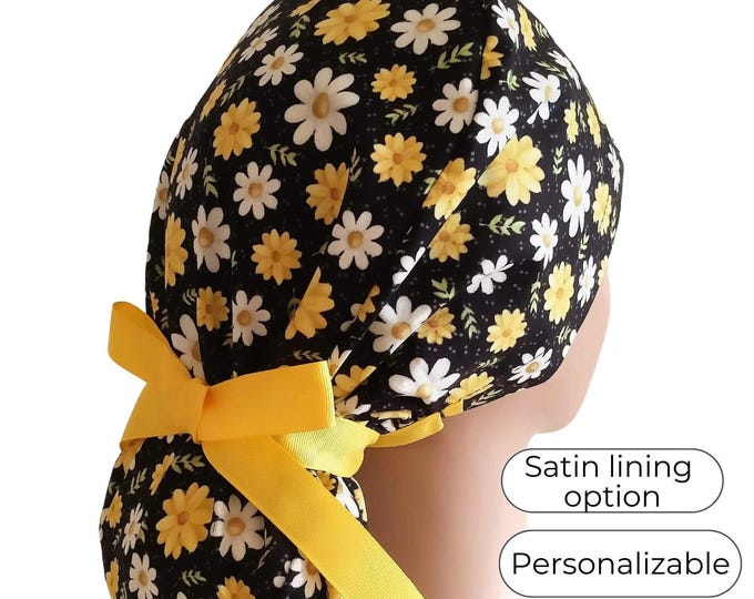 Ponytail Scrub Cap - Surgical Cap - Satin Lining Option - Daisy on black