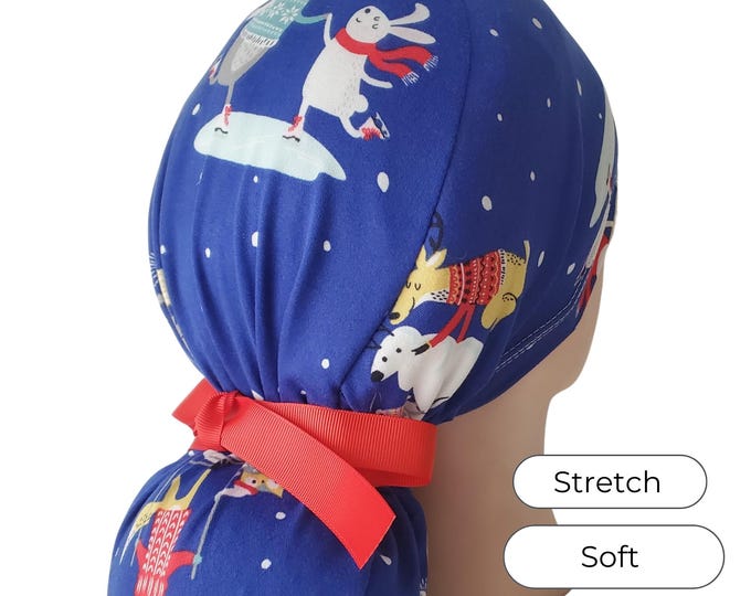 Stretch Ponytail Scrub Cap: winter animal print adjustable nurse hat