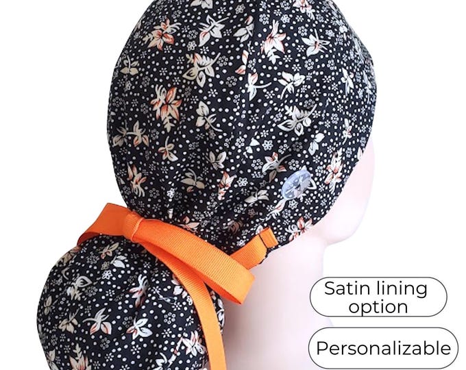 Floral Ponytail Scrub Cap for Women - Surgical Cap - Satin Lined Option -