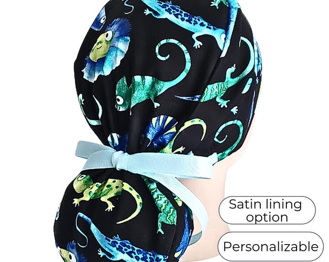 Ponytail Scrub Cap for Women - Surgical Cap with Silky Satin Lining Option - Lizards - FifthCraftyStreet