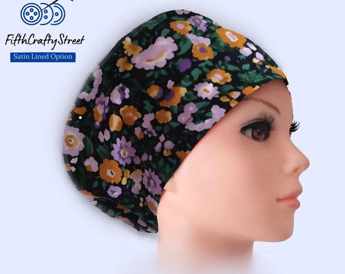 Euro Scrub Caps - Adjustable - Satin Lined option - Floral - FifthCraftyStreet