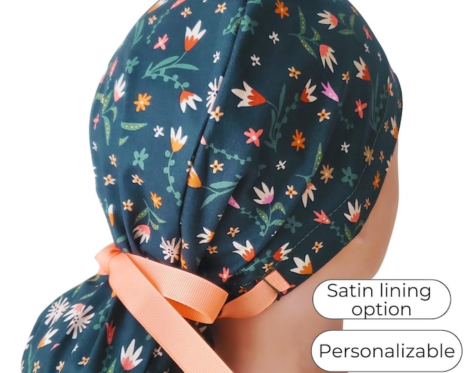 Teal Floral Ponytail Scrub Cap Satin Hair Protection Surgical Hat for Nurses