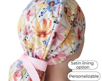 Bright Floral Ponytail Scrub Cap Satin Lined Surgical Hat