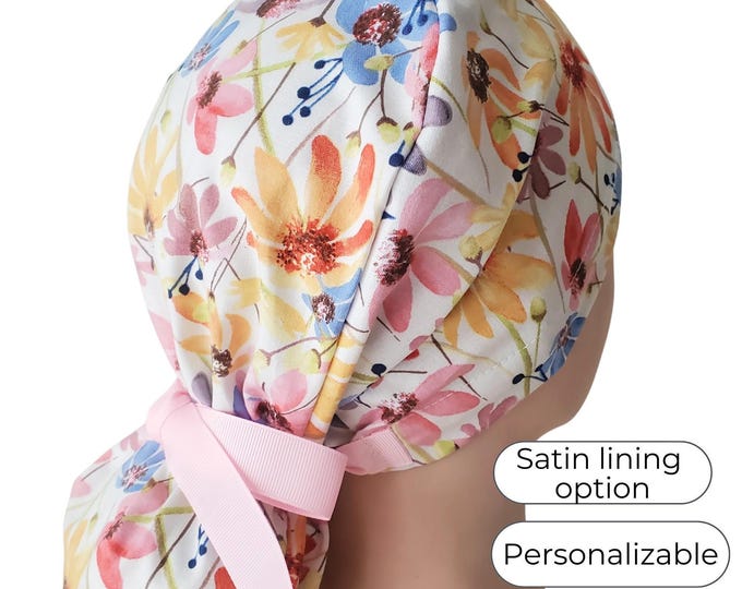 Bright Floral Ponytail Scrub Cap Satin Lined Surgical Hat