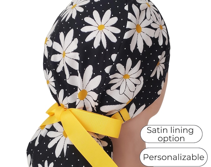 Ponytail Scrub Cap Satin Lined Personalized Surgical Cap for Women : Black Daisy Floral