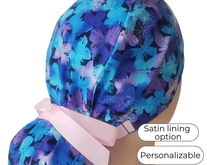 Butterfly Blue and Purple Print Ponytail Scrub Cap for Women: Satin and Personalization Option