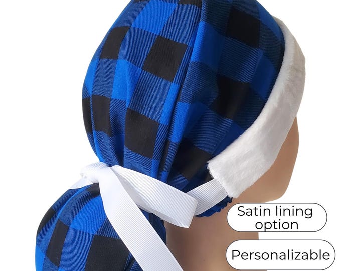 Christmas ponytail scrub cap in blue and black buffalo plaid flannel with fluffy white band Santa-inspired look, satin lined option