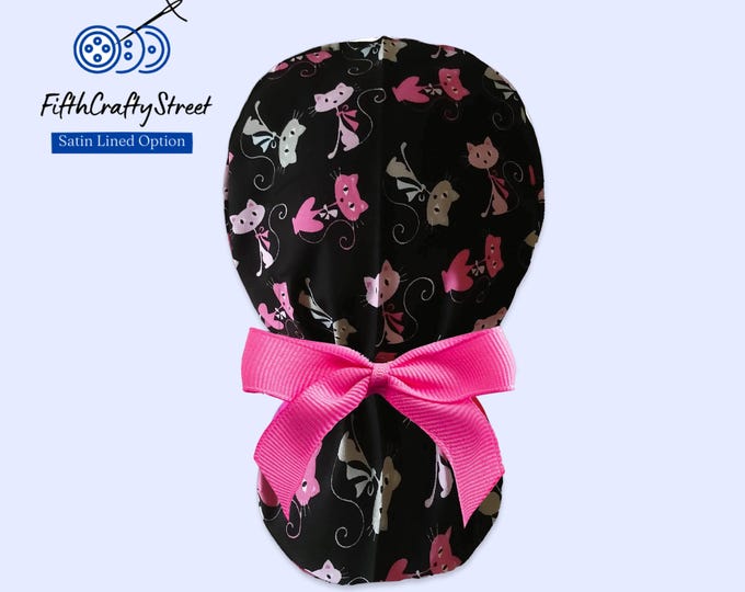Cat Pink Ponytail Scrub Cap for Women - Surgical Cap Satin Lined Option - FifthCraftyStreet