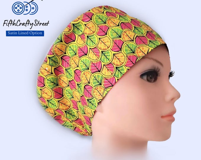 Euro Scrub Caps -African Sunset - Geo Leaf Patterns - Satin Lined option - Adjustable - FifthCraftyStreet