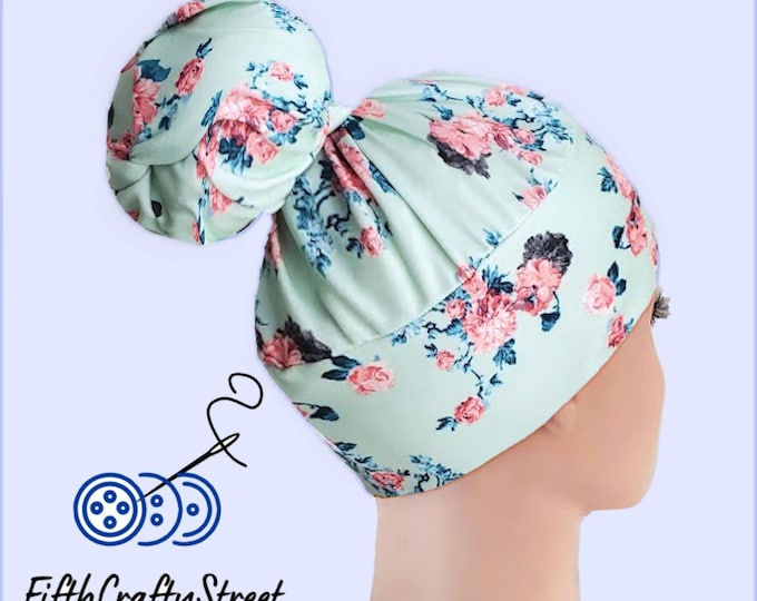 High Bun Scrub Cap, Stretchy Knit Jersey Hats, Mint Floral - FifthCraftyStreet