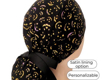 Scrub Cap Ponytail Style | Satin Lining & Personalization Option | Jack O Lanterns