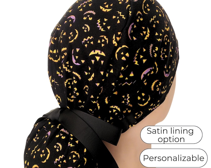 Scrub Cap Ponytail Style | Satin Lining & Personalization Option | Jack O Lanterns