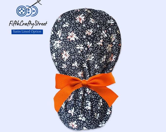 Floral Ponytail Scrub Cap for Women - Surgical Cap - Satin Lined Option - FifthCraftyStreet