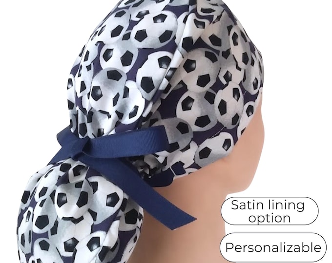 Soccer navy Ponytail Scrub Cap - Surgical Cap Buttons, Satin Lined Options - FifthCraftyStreet