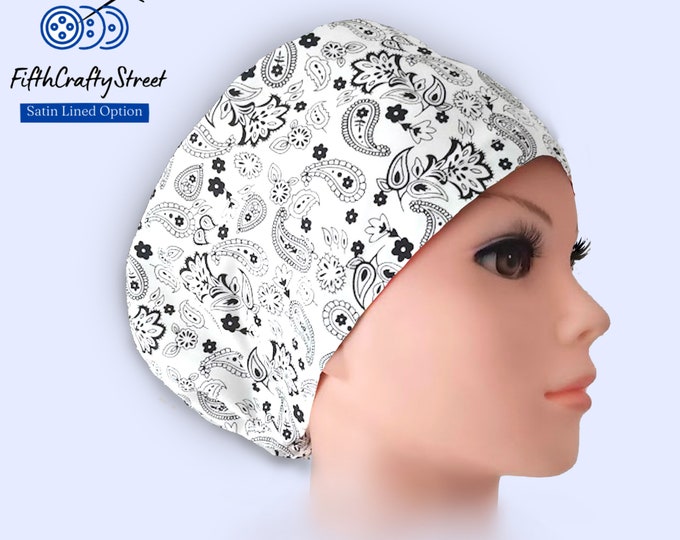 Euro Scrub Cap for Women - Adjustable - Satin Lined Scrub Cap - Paisley Black White - FifthCraftyStreet