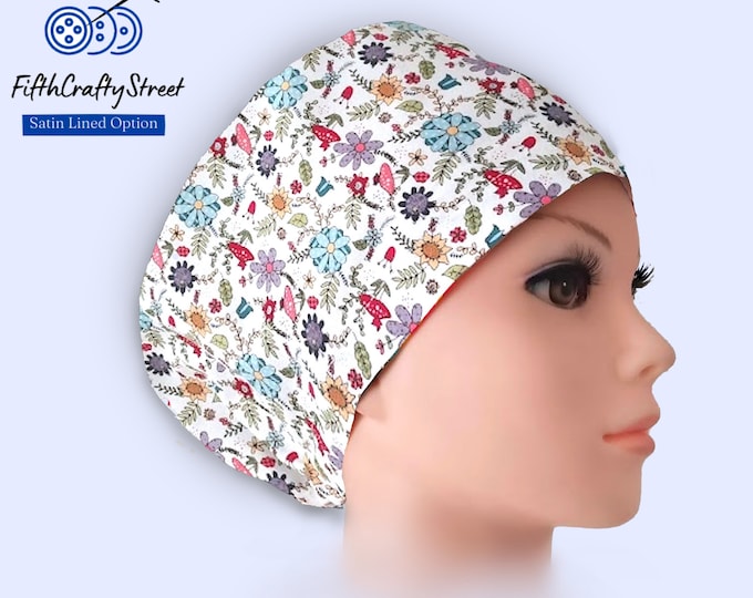 Floral - Mushrooms - Euro Scrub Caps - Adjustable - Satin Lining option - FifthCraftyStreet