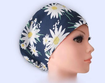 Euro Scrub Cap Navy Blue Daisy : Personalizable with Satin Lining and Buttons Option