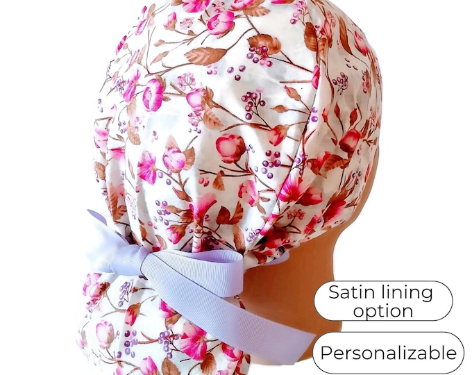 Floral Ponytail Scrub Cap for Women - Surgical Cap with Satin Lining Option - FifthCraftyStreet